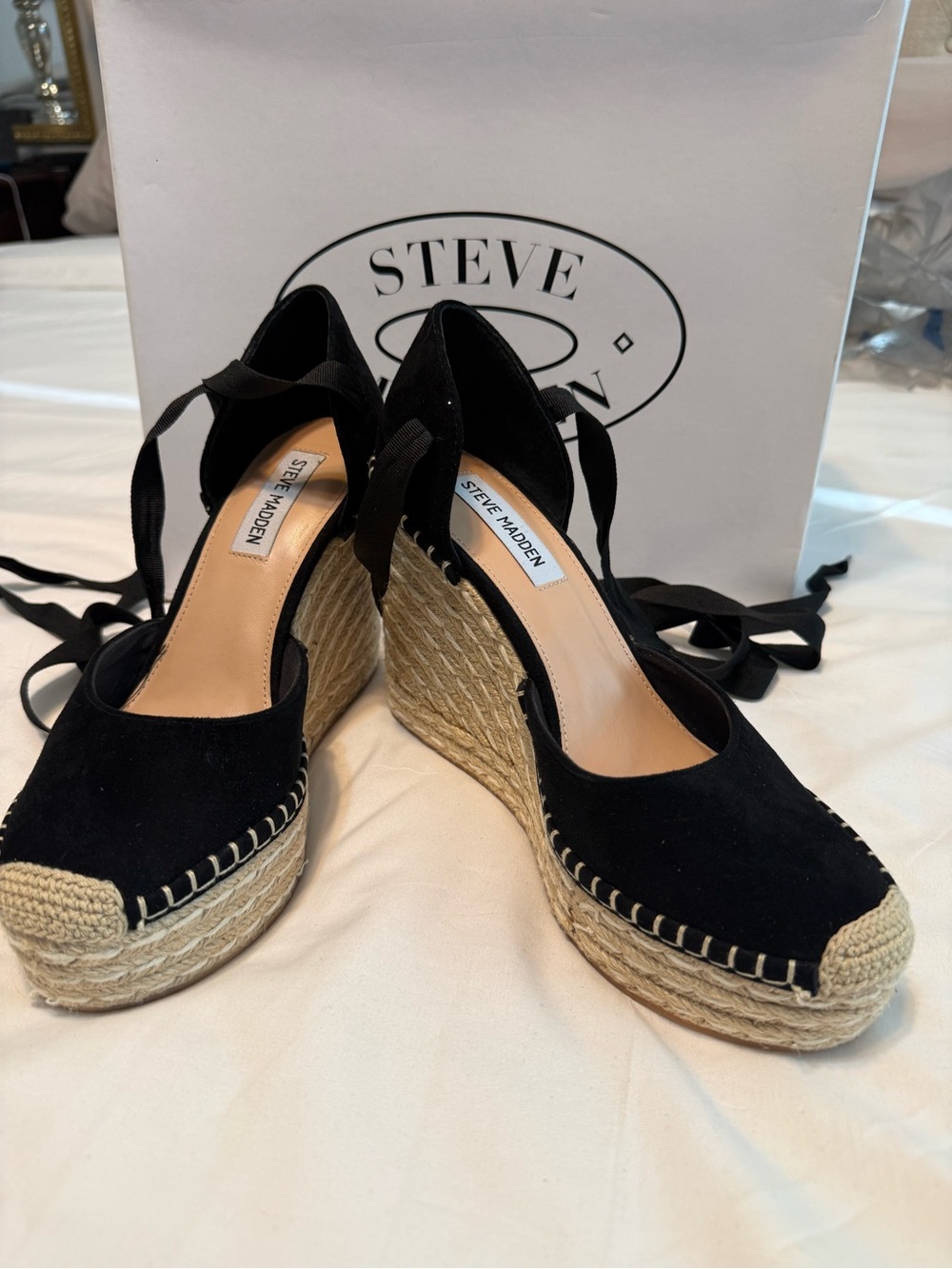 Steve Madden Black Suede Espadrille Wedge Sandals with Ankle Tie